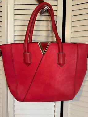 Fire Red Faux Leather Handbag Satchel Tote Purse Gold Acct Black Piping 16x11”